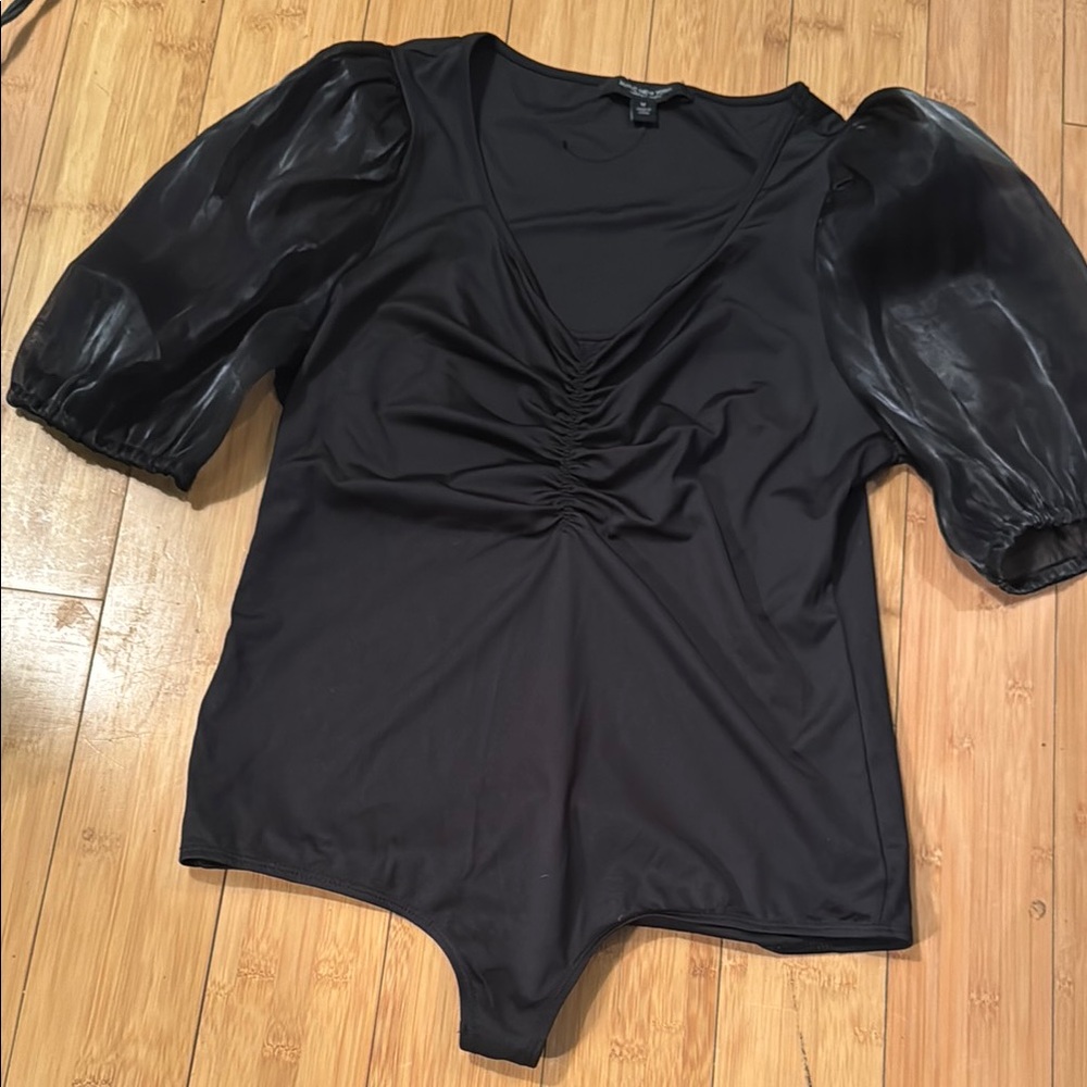 Black Ruched Puffed 3/4 Sleeve Bodysuit